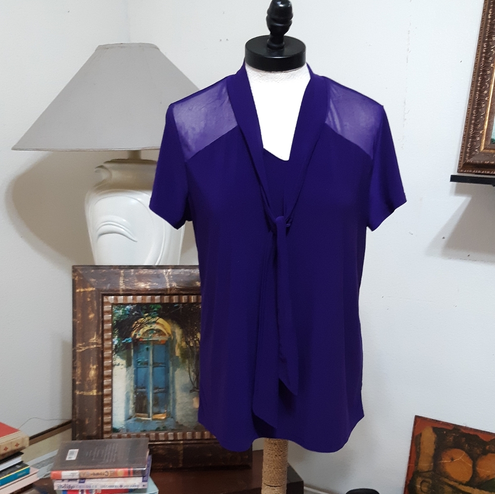 Purple Short-Sleeve Tie-Neck Blouse